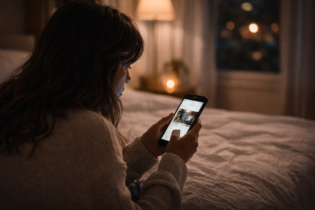 Woman sitting on her bed at night quietly looking at her phone while checking her ex’s social media, warm lamplight and soft shadows around her.