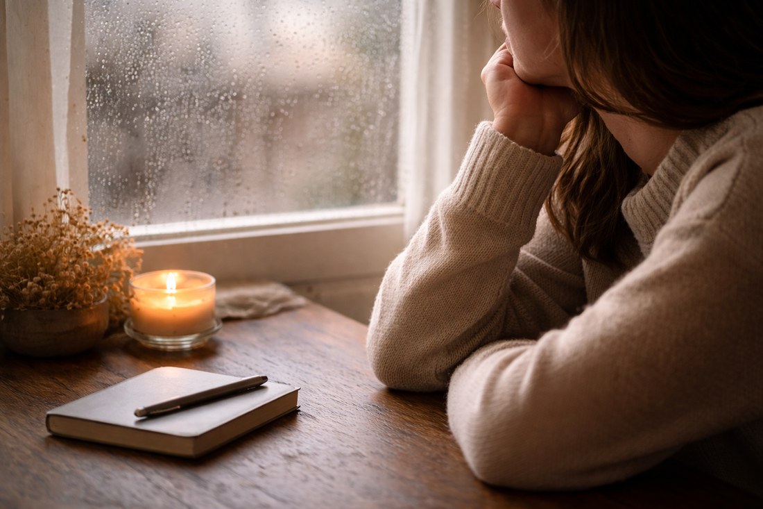 Person sitting quietly by a rain-streaked window with a closed notebook and candle, reflecting in silence.