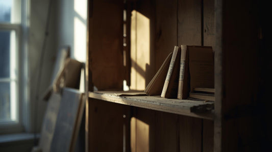 Partially disassembled bookshelf with books remaining symbolizing identity intertwined with a past relationship