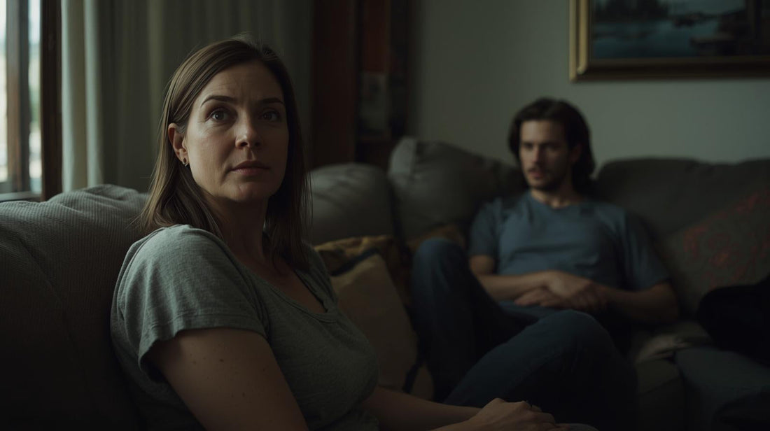 Couple sitting apart on a couch showing emotional distance and new boundaries in relationship