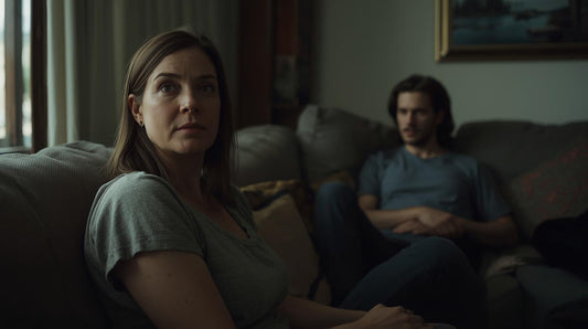 Couple sitting apart on a couch showing emotional distance and new boundaries in relationship