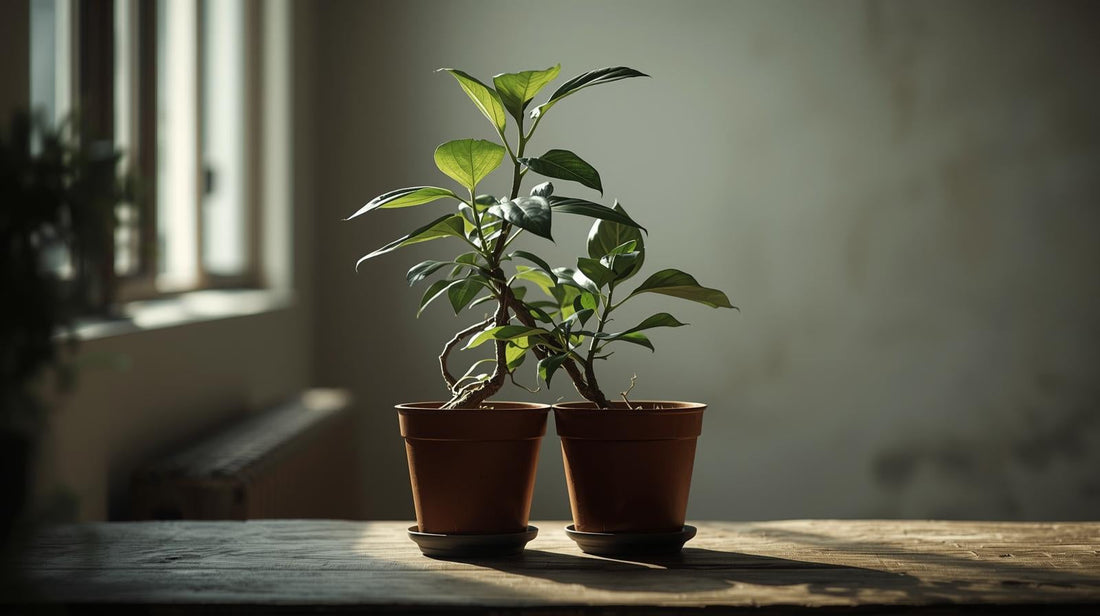 Two potted plants growing closely together with overlapping leaves in soft natural light, symbolizing emotional enmeshment and codependency in relationships