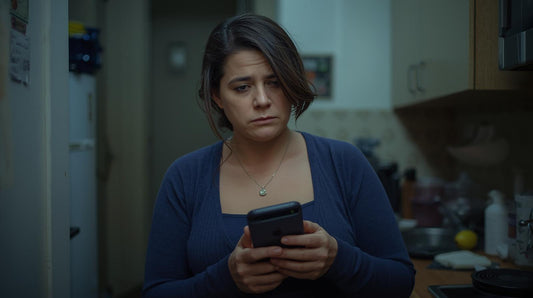 Woman in kitchen at night looking emotionally tired while dealing with pressure from a codependent partner
