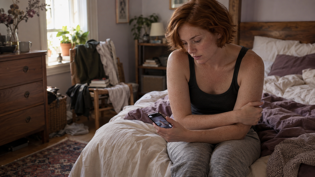 Red-haired woman sitting on a bed looking at her phone, reflecting insecurity from comparing her body to her partner’s ex.