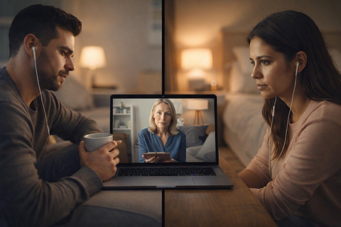 Couple in long distance relationship attending online couples counseling video session from separate locations