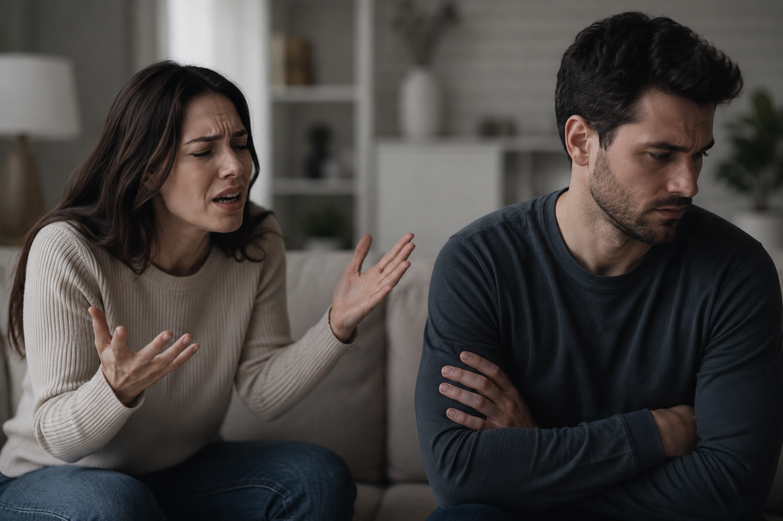 Woman speaking with frustration while her male partner sits withdrawn with crossed arms, representing emotional distance, lost interest and relationship tension.