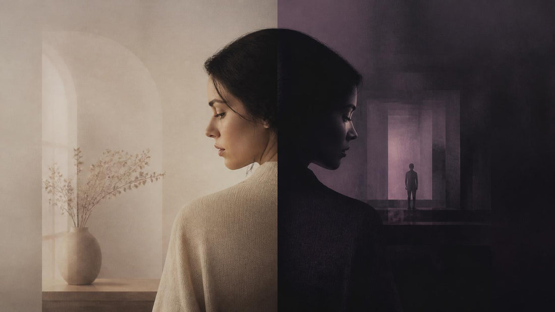 Editorial split-image of a woman between soft light and deep shadow, symbolizing the difference between avoidant attachment and covert narcissism.