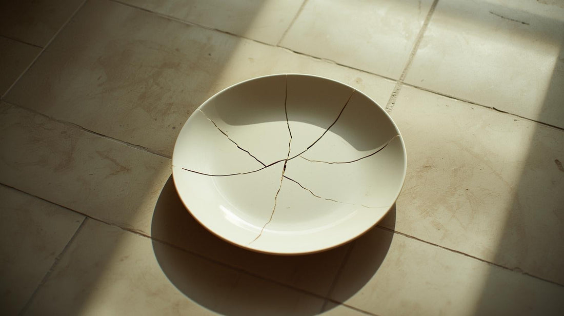 White ceramic plate with a visible crack resting on a kitchen floor in soft morning light, symbolizing emotional fragility and walking on eggshells in marriage