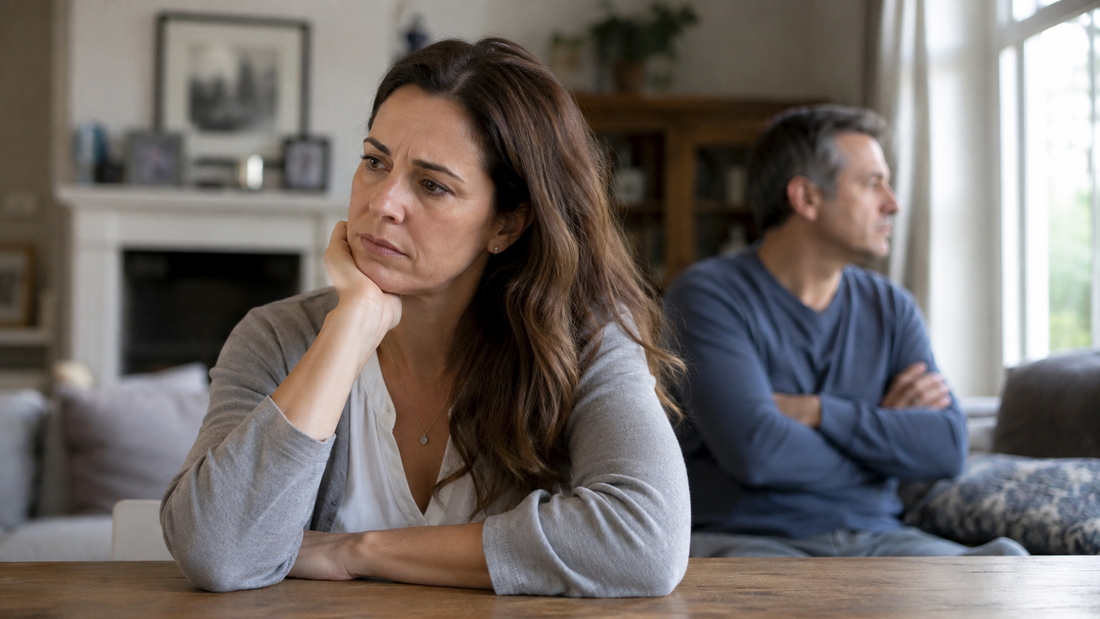 Woman sitting apart from her husband at home, reflecting emotional distance and tension in a narcissistic marriage.