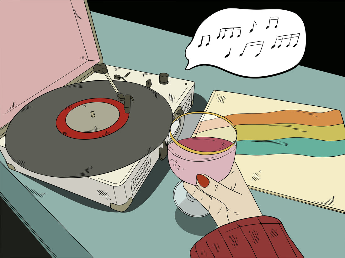 Illustration of a person listening to a record while holding a drink, symbolising memories and reflection about whether a past relationship meant as much to an ex.
