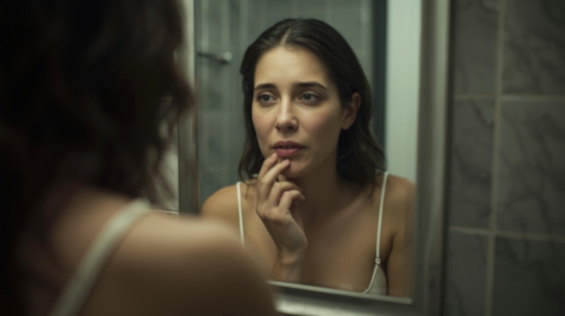 Woman looking at herself in the mirror after comparing herself to her ex’s new partner