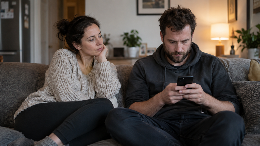 Person focused intensely on phone messages while their partner sits beside them seeking connection, representing the difference between obsessive fixation and healthy love.