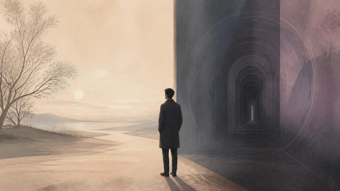 Editorial illustration of a lone figure between an open calm space and a looping shadowed space, symbolizing the difference between love and obsession.