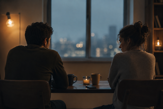 Couple sitting across from each other during a serious conversation, capturing the emotional tension, vulnerability, and communication challenges common in long distance relationships.