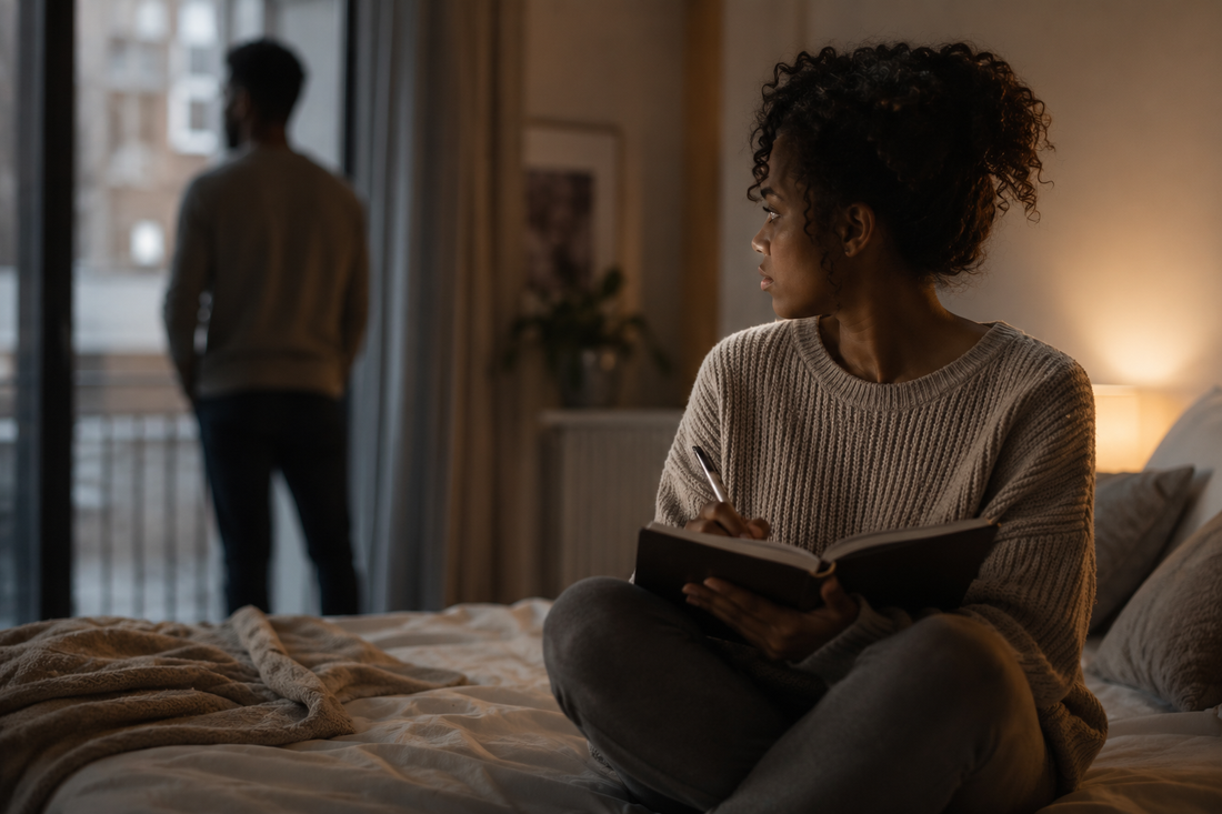 Woman sitting on a bed writing in a journal while a man stands blurred in the background near a window, representing reflection, distance, and the question of whether exes can get back together.