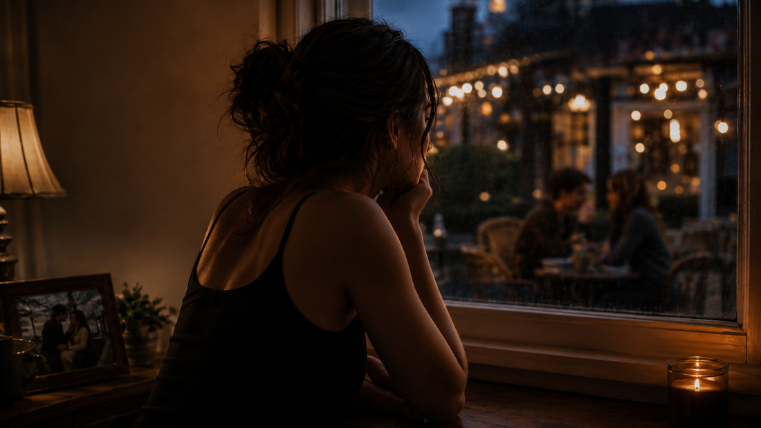 Woman looking through a window at a couple outside, reflecting breakup jealousy and comparison with an ex’s new partner.