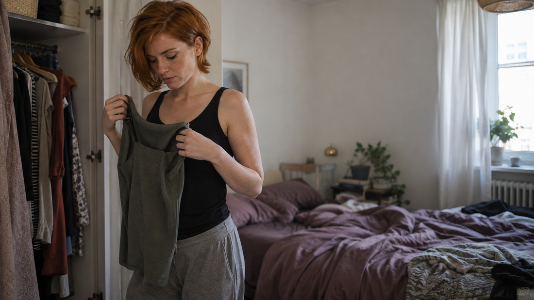 Red-haired woman in a black tank top holding a fitted top in front of an open wardrobe, reflecting insecurity about small breasts and body confidence.