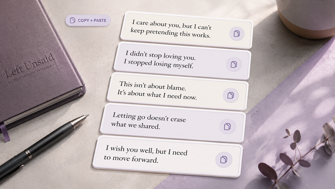 Copy and paste emotional break up message cards with copy icons, showing ready-to-use breakup text examples on a soft purple editorial desk background.
