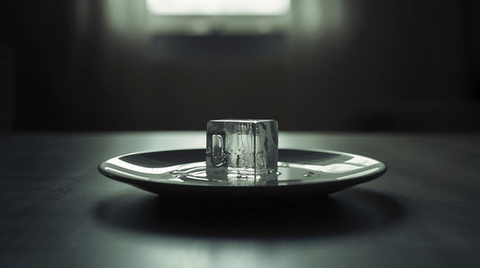 Partially melted ice cube on a ceramic plate in soft natural light, symbolizing emotional numbness after a breakup