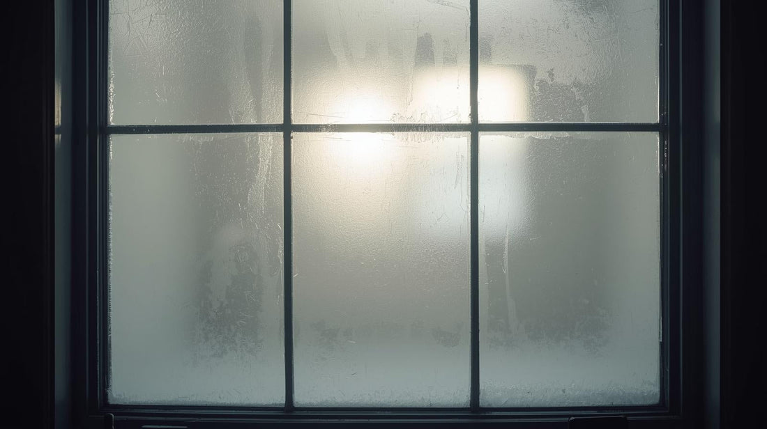 Light frost covering an interior window in soft morning light, symbolizing emotional numbness as a protective freeze response after a relationship