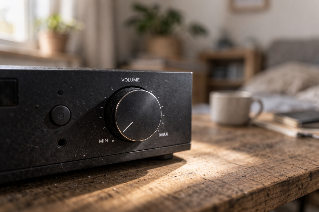 Close-up of a matte black stereo volume knob turned almost to zero in soft natural light, symbolizing emotional numbness after a breakup