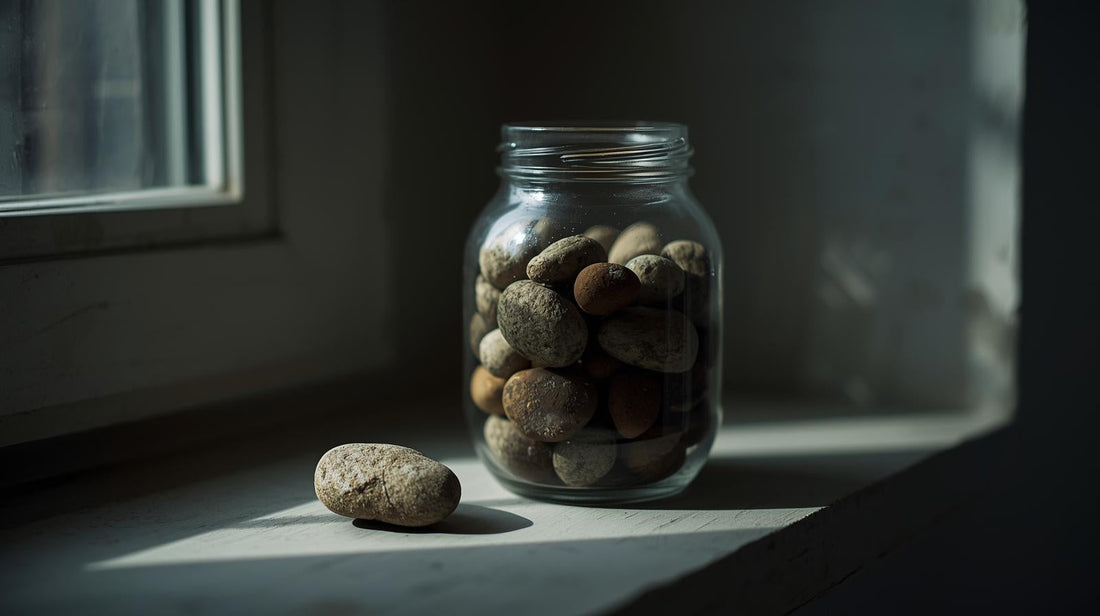 glass jar ob stones. i stone sits on a table outsied of the jar. Sitting alone, it symbolizes feeling overwhelmed by intrusive relationship doubts