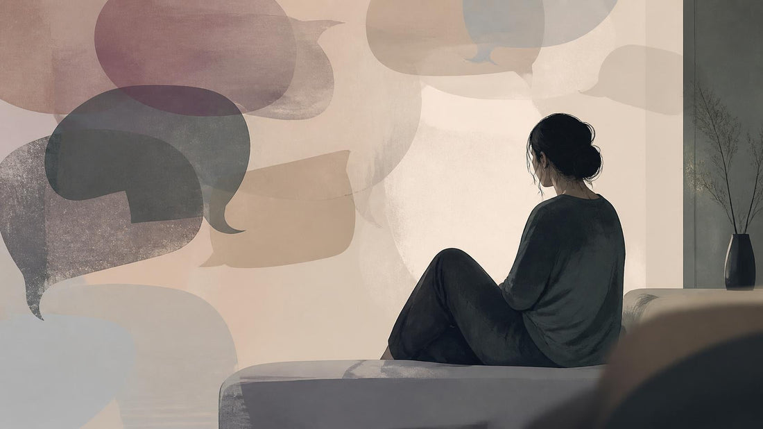 Editorial illustration of a lone figure surrounded by faded conversation shapes, symbolizing emotional shutdown after a toxic relationship.