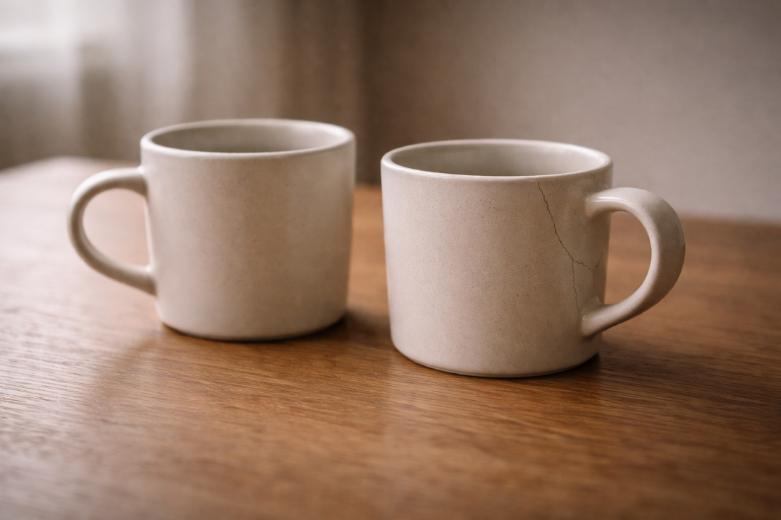 Emotionally unavailable cracked coffee cup left unsaid.