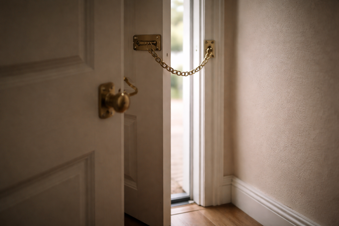 Front door slightly open with security chain still latched in soft natural daylight, symbolizing emotional unavailability and restricted intimacy