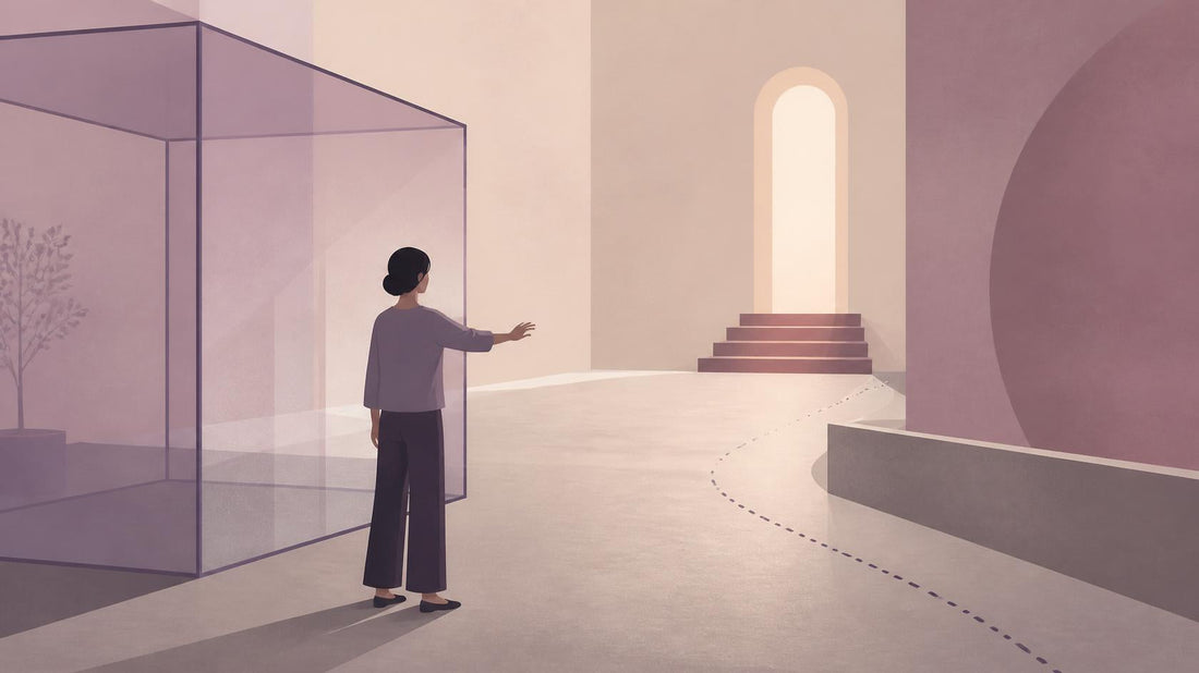  Illustration of a woman reaching across a glass barrier, symbolizing emotional unavailability and uncertainty about relationship interest