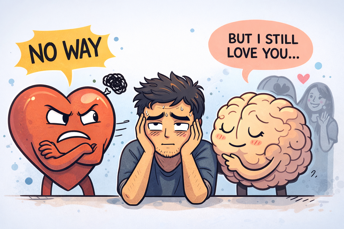 Minimal, abstract image representing emotional conflict and unresolved intimacy after a breakup