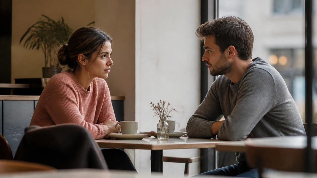 Couple having a calm relationship conversation, representing regular relationship check-ins and healthy communication
