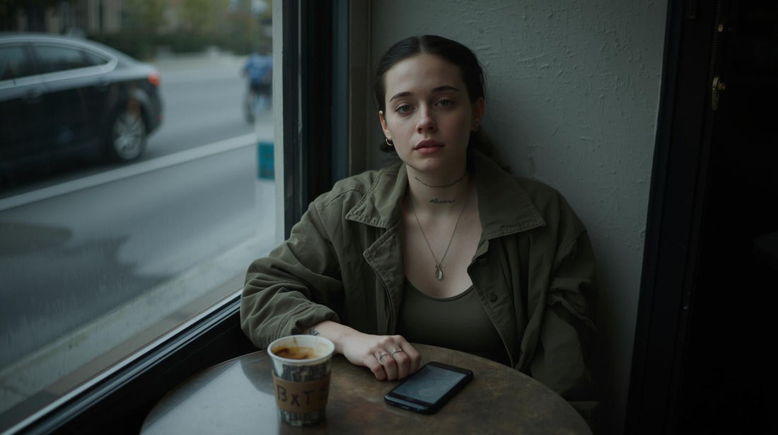 Trendy pierced young woman sitting alone at café window thoughtfully considering reconciliation with her ex