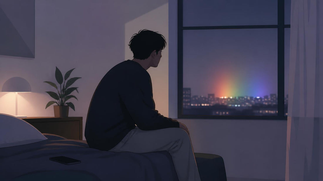 A lone person sitting in a softly lit room near a phone and window, with distant city lights and a subtle rainbow glow, symbolizing fear of being alone as an LGBTQ+ person.