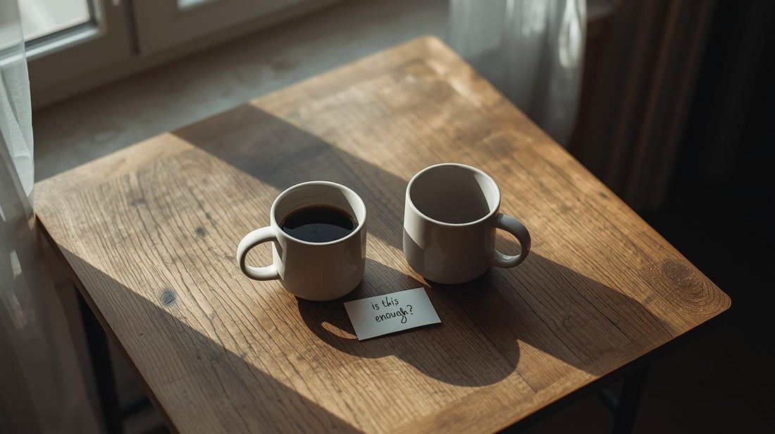 Two mugs on a wooden table beside a note reading “Is this enough?”, symbolizing fear of settling and relationship doubt.