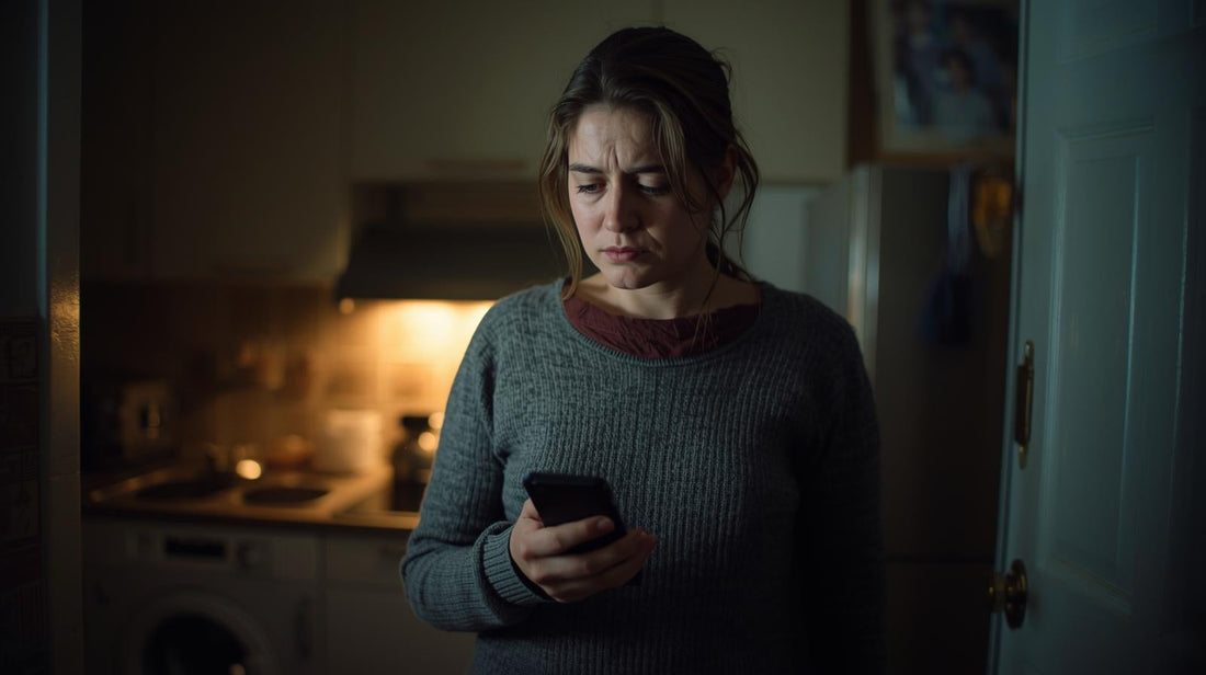 Woman standing in her kitchen at night looking at her phone after learning her ex moved on