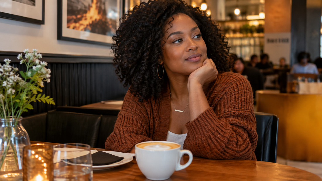 African American woman sitting thoughtfully alone in a restaurant, representing feeling guilty about dating after divorce and adjusting to moving on.
