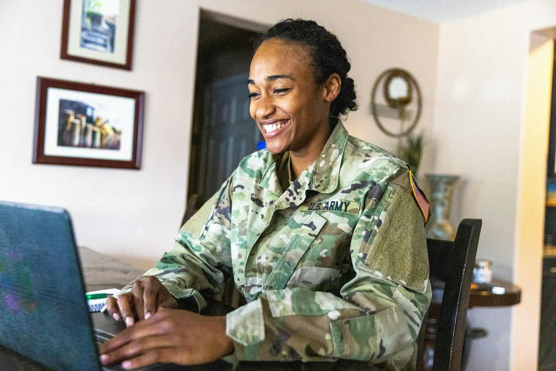 First deployment gift ideas for military couples, with a U.S. Army service member connecting from home before deployment.