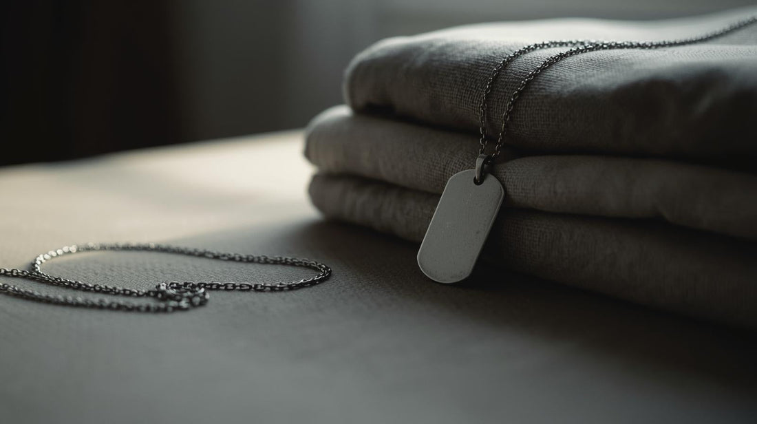 Subtle dog tag necklace resting beside folded neutral fabric in soft natural light symbolizing first deployment gift