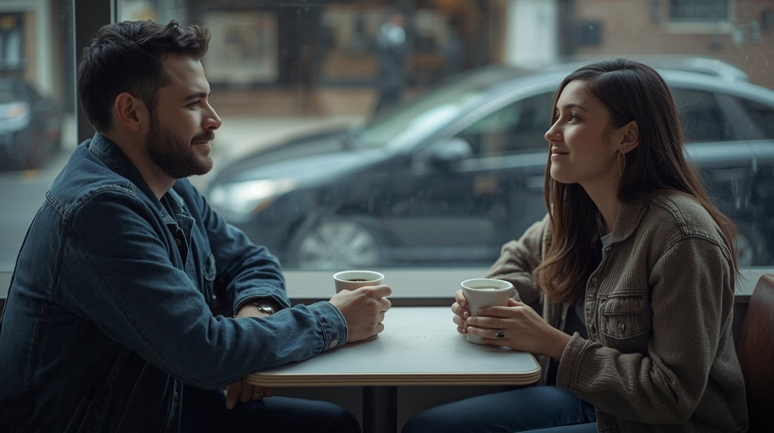 Mid 20s man and woman sitting at café table with polite smiles, navigating friendship after a breakup