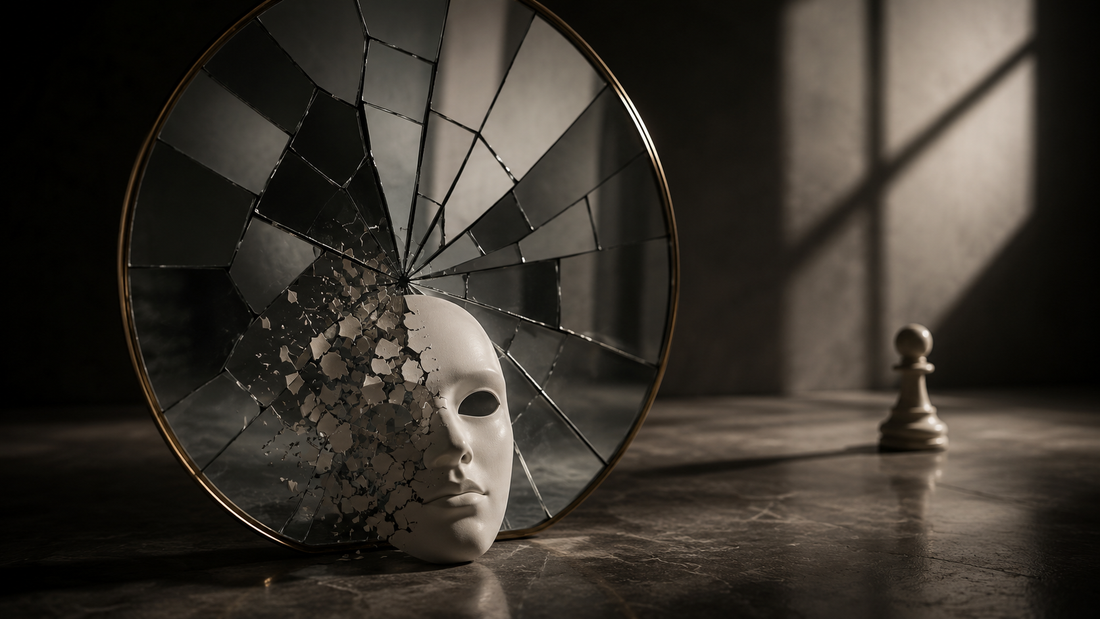 Cracked mirror and fragmented white mask symbolizing gaslighting, self-doubt, distorted reality, and loss of self-trust within an emotionally unhealthy marriage.