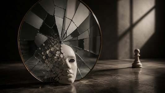 Cracked mirror and fragmented white mask symbolizing gaslighting, self-doubt, distorted reality, and loss of self-trust within an emotionally unhealthy marriage.