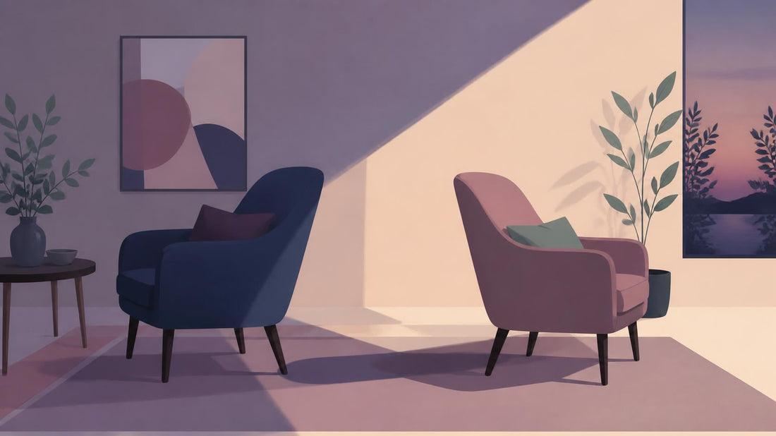 Two empty chairs angled apart in soft dusk light with overlapping shadows, symbolizing grief, identity loss, and healing after a same-sex breakup.