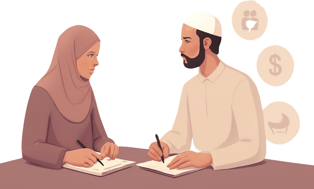 Modestly dressed Muslim man and woman seated at a table with notebooks, having a calm marriage discussion with symbolic icons for faith, family, money, home, and future plans.