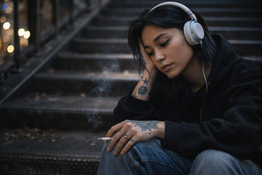 Young woman sitting alone on outdoor steps at dusk, wearing headphones and holding a cigarette, lost in thought after a breakup or emotionally difficult conversation.