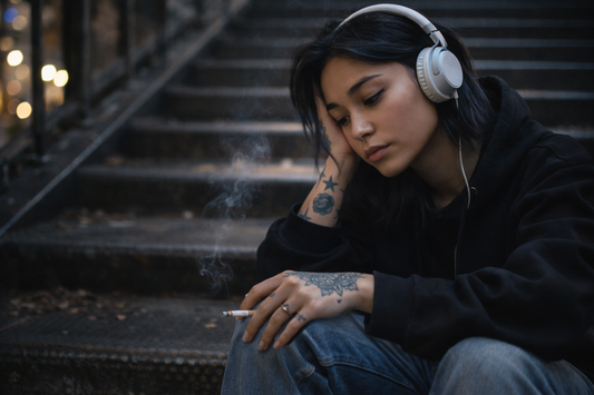Young woman sitting alone on outdoor steps at dusk, wearing headphones and holding a cigarette, lost in thought after a breakup or emotionally difficult conversation.