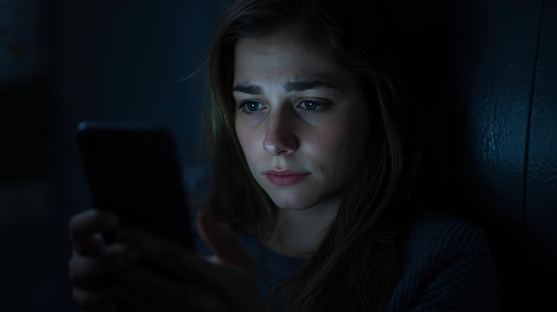 image of a Caucasian woman, bathed in the soft, artificial glow of her phone screen, at late night. Her expression is thoughtful, tinged with a hint of worry as she contemplates the future of a long-distance relationship.