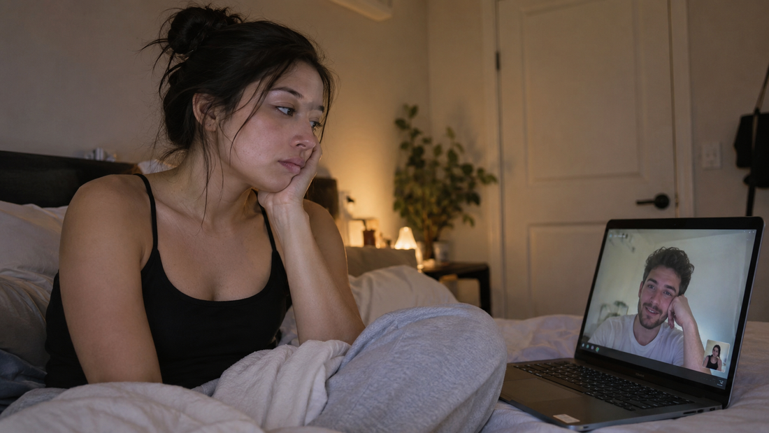 Woman in a black tank top looking emotionally distant during a video call with her long-distance boyfriend, representing a girlfriend losing feelings in a long-distance relationship
