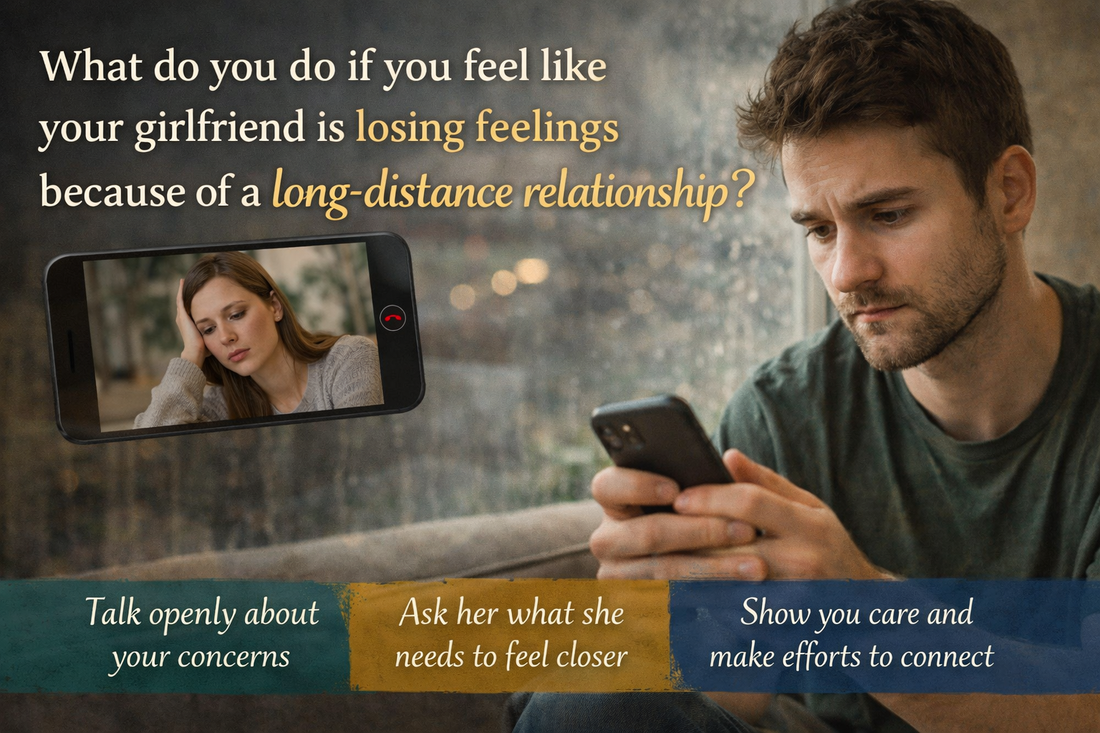 Man looking worried at phone in long distance relationship fearing girlfriend is losing feelings