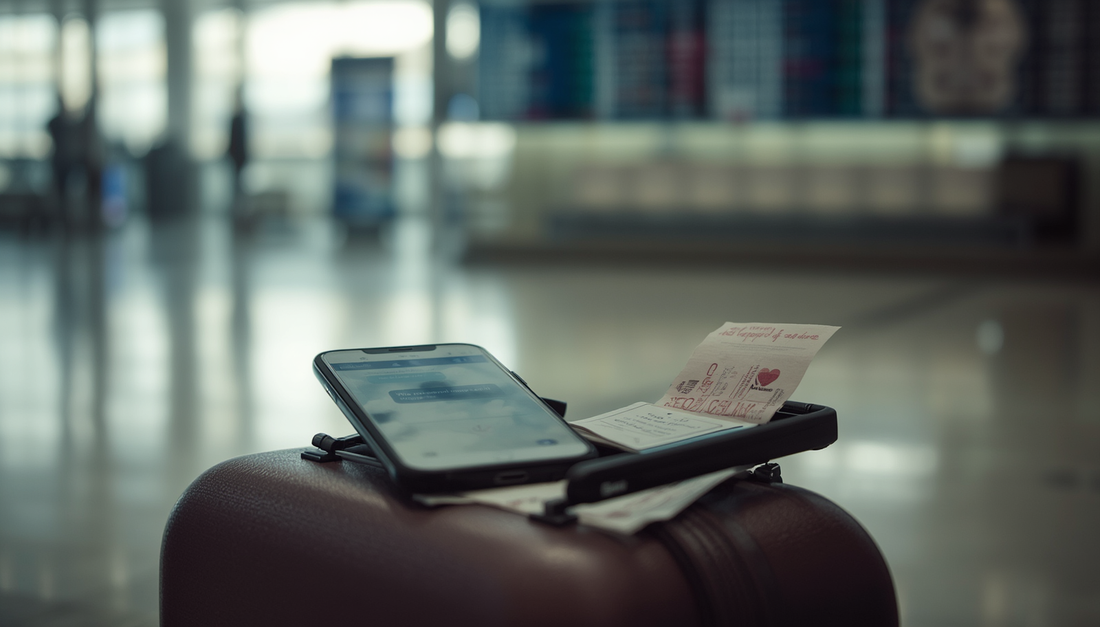 A phone beside a travel bag in an airport, representing goodbye messages for long-distance relationships.